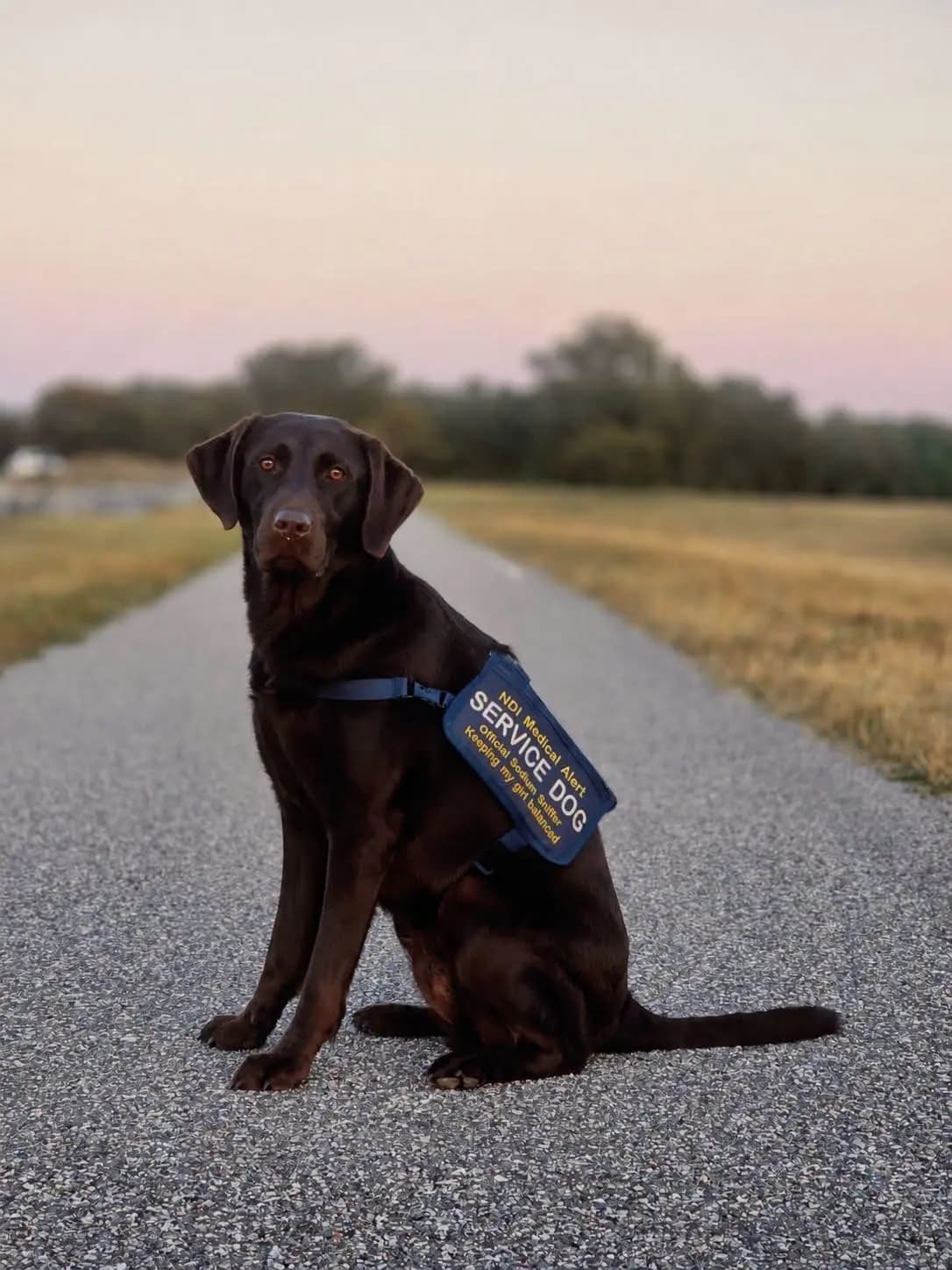 Gracey sitting attentively in her service-dog vest
